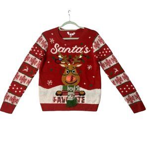 Santa's Favorite Reindeer Ugly Christmas Sequins Bells Sweater Women Medium